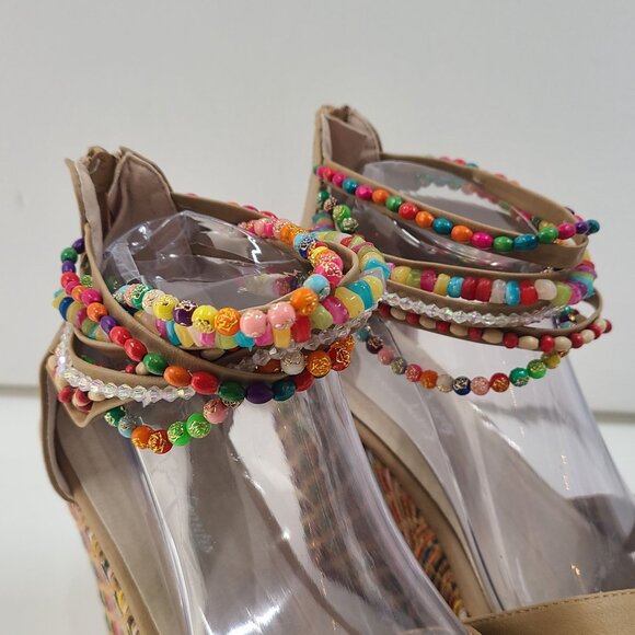 Get More Beauty Women's Platform Wedge Sandals Tan Size 7.5 Open Toe Beads Zip - Picture 2 of 12